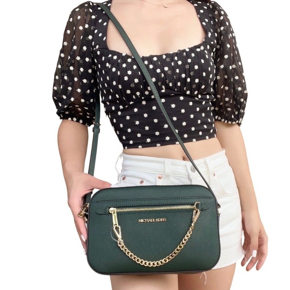 Michael Kors Jet Set East West Crossbody Bag Green Saffiano Leather Gold Chain‎